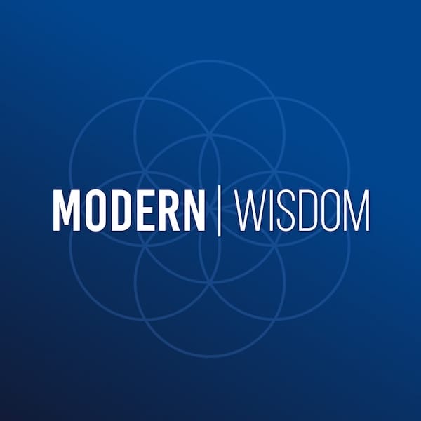 Modern Wisdom podcast cover art, white bold text on a blue gradient background with an overlapping circles geometric design